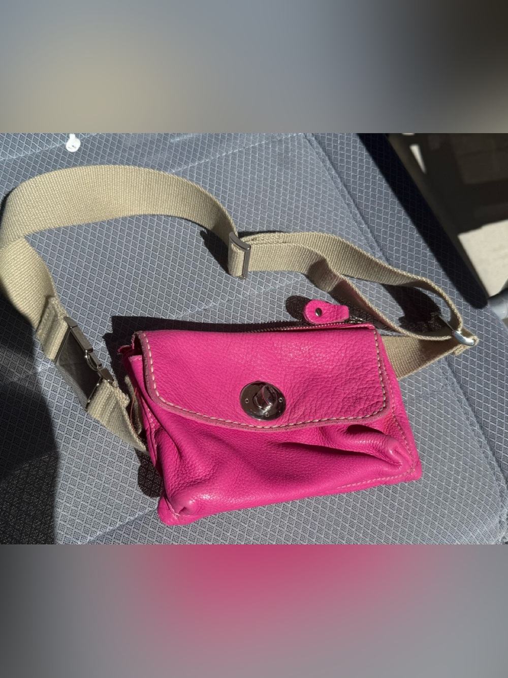 Roots Bubble Gum Pink Pebbled Leather Crossbody Belt Bag - Turn Lock Closure